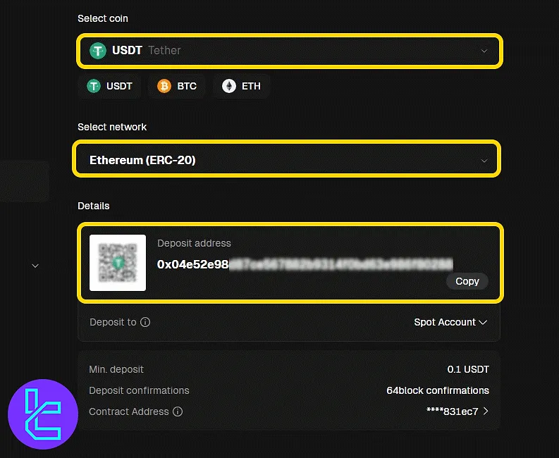Bitunix ERC20 payment network selection and wallet address