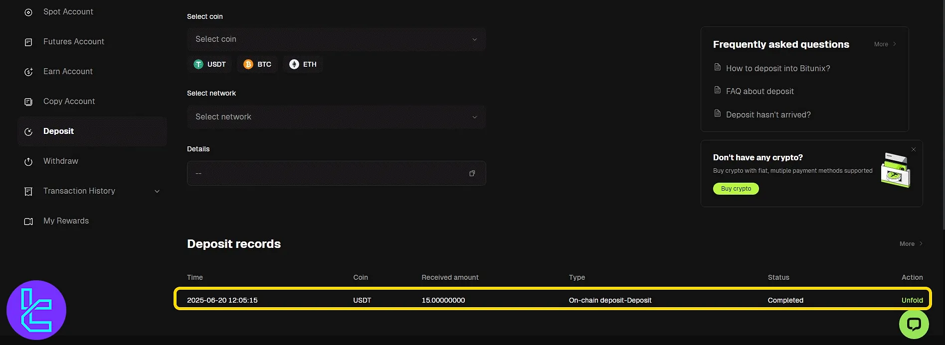 Bitunix ERC20 payment transaction record