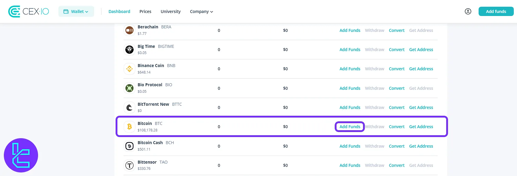 CEX.io Bitcoin payment list with add funds button