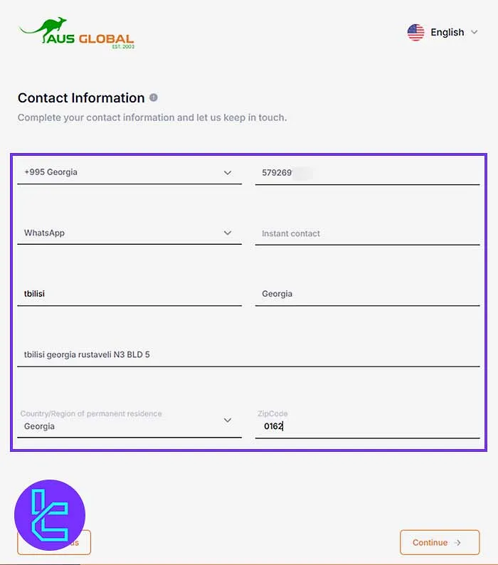 AUS Global Contact Details for Account Setup