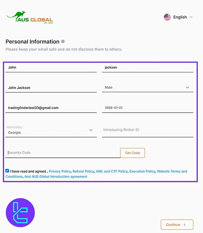 AUS Global Personal Information for Registration