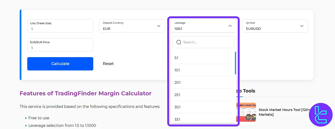 Leverage amount in the margin calculator tool