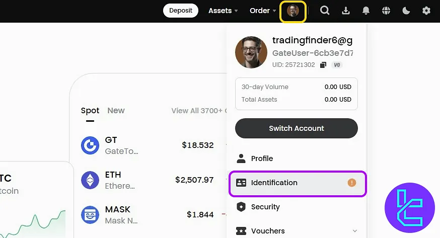 Gate.io KYC menu