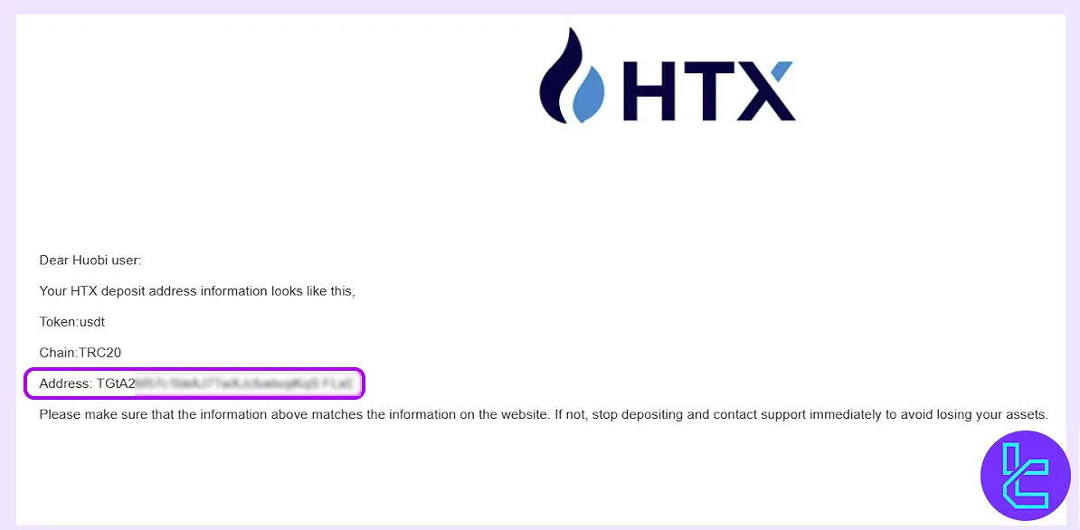 HTX TRC20 cash-in address received via email