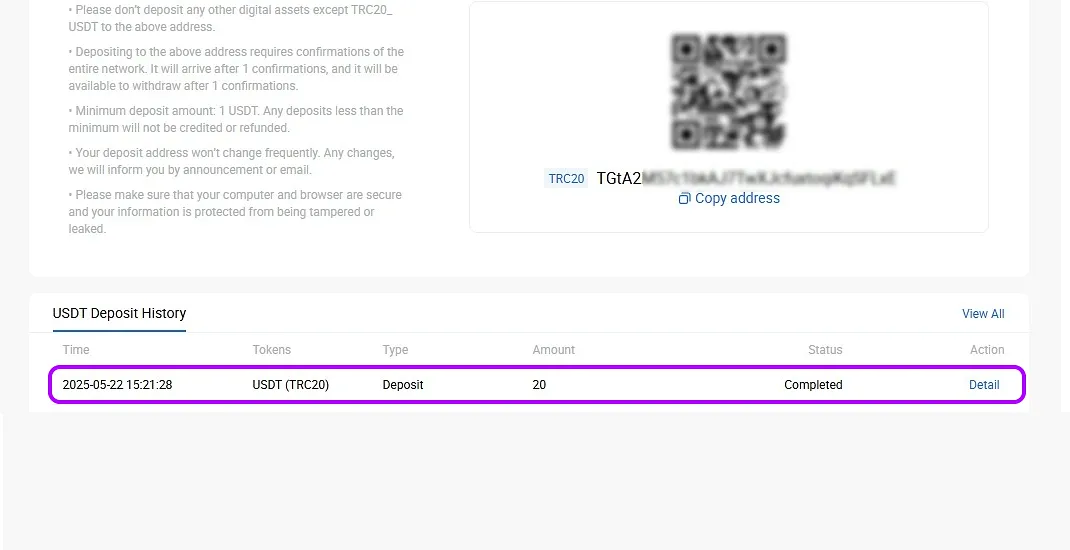 Funding confirmed in wallet for HTX TRC20 cash in