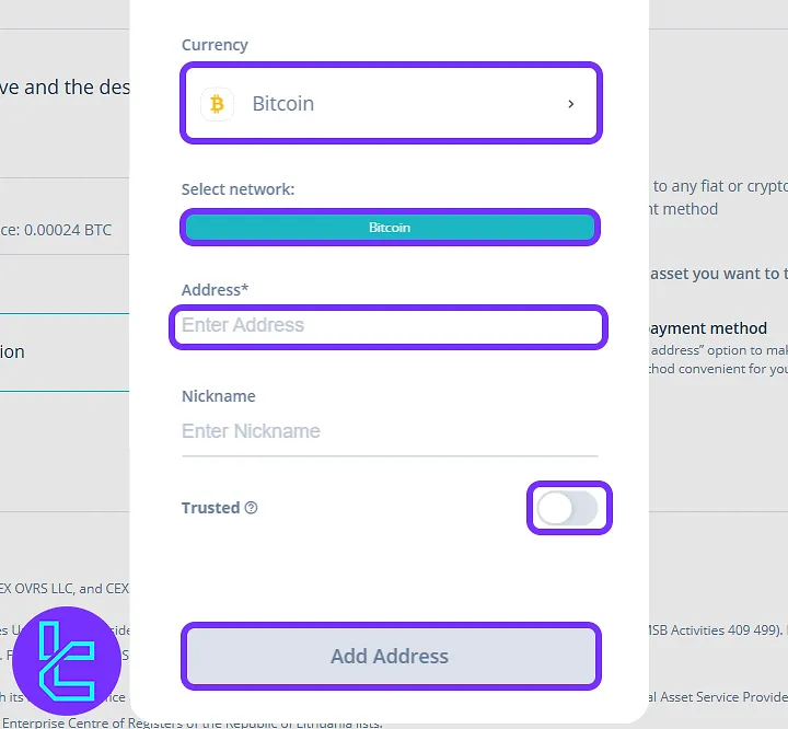 Entering your Bitcoin wallet address for the payout process on CEX.io