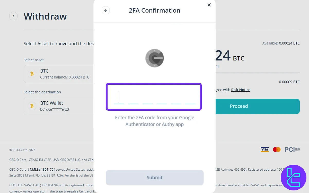 Verifying the Bitcoin cash-out process with a Google Authenticator code