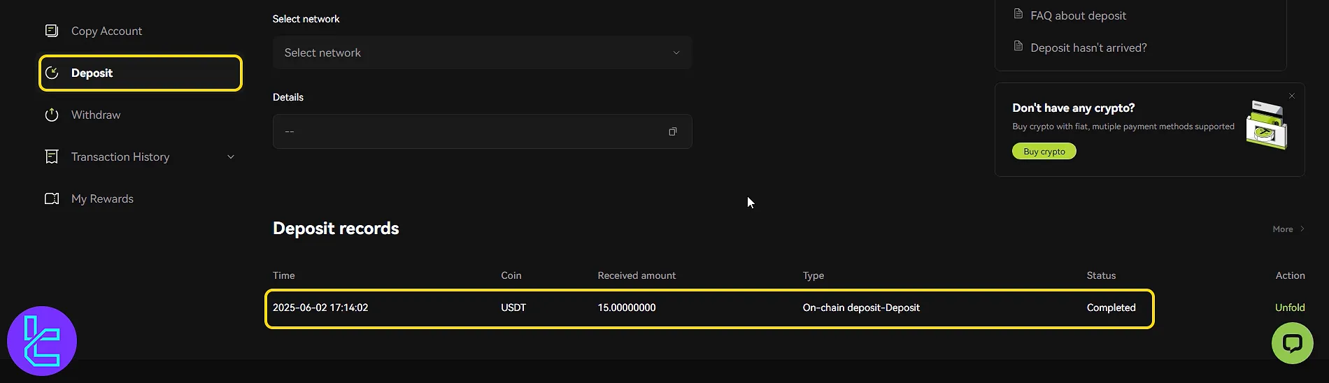 Transaction history in Bitunix TRC20 funding