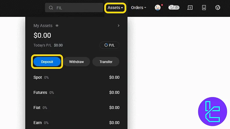 HTX ERC20 payment dashboard entry via Assets and Deposit