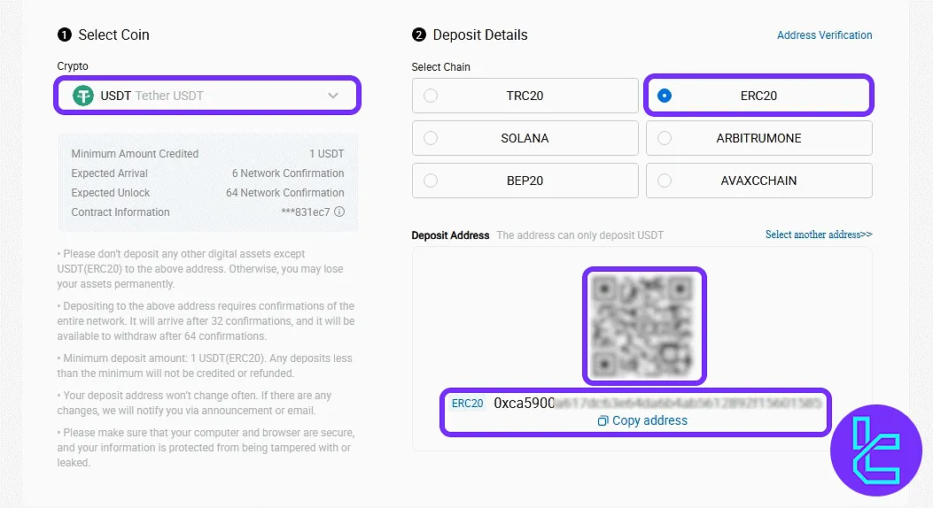 HTX ERC20 USDT funding address and QR code selection interface