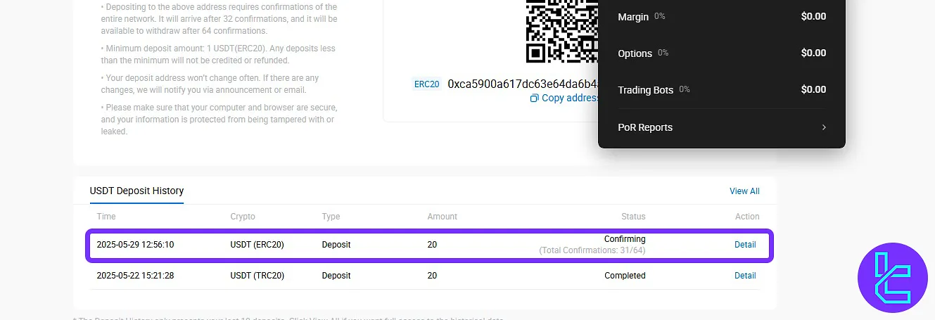 HTX ERC20 payment history with confirmation status displayed