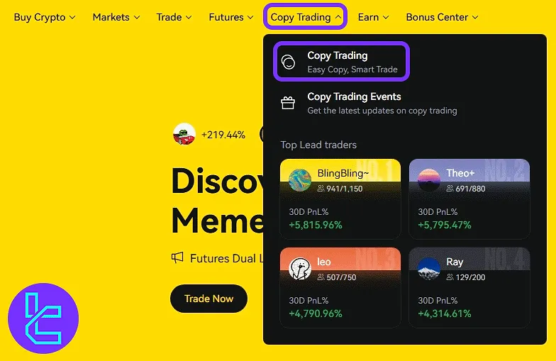Access the LBank dashboard and "Copy Trading" option via the top menu