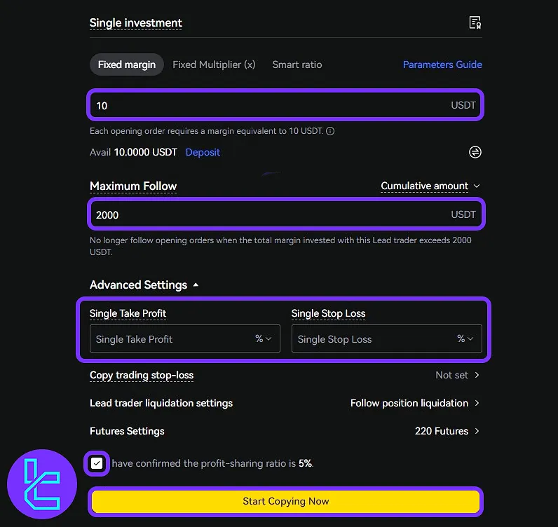 Configure LBank copy trade settings with stop loss and margin options