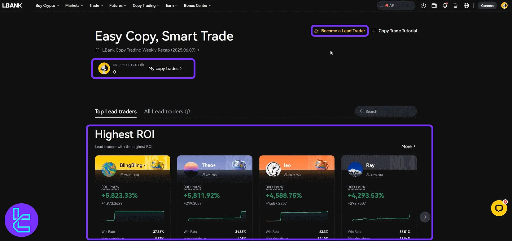 LBank trader dashboard for social trading profile and provider list