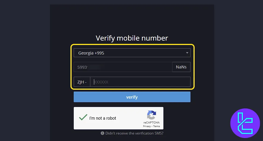 Phone number input for BitoPro account setup