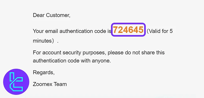 Zoomex email with authentication code for new account access