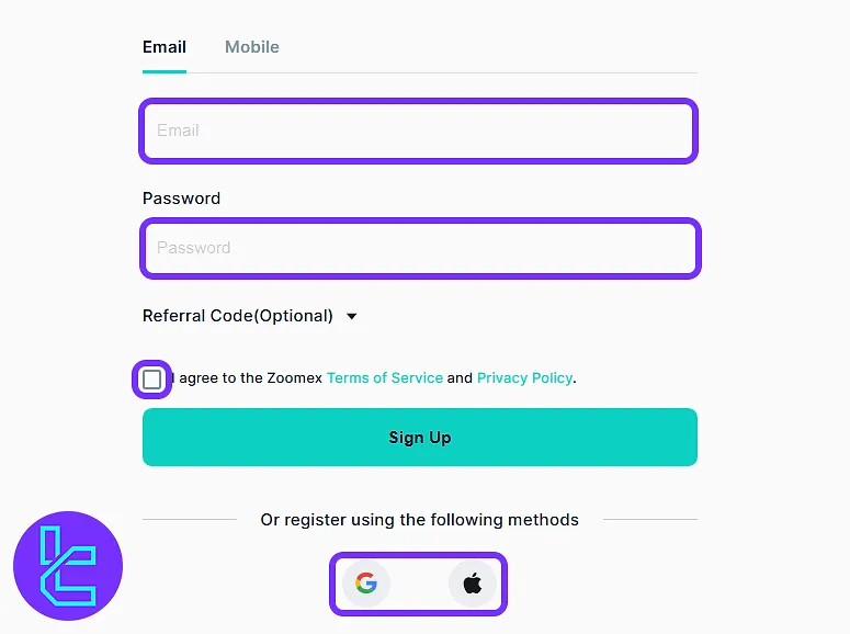 Zoomex account creation form with email and social login options