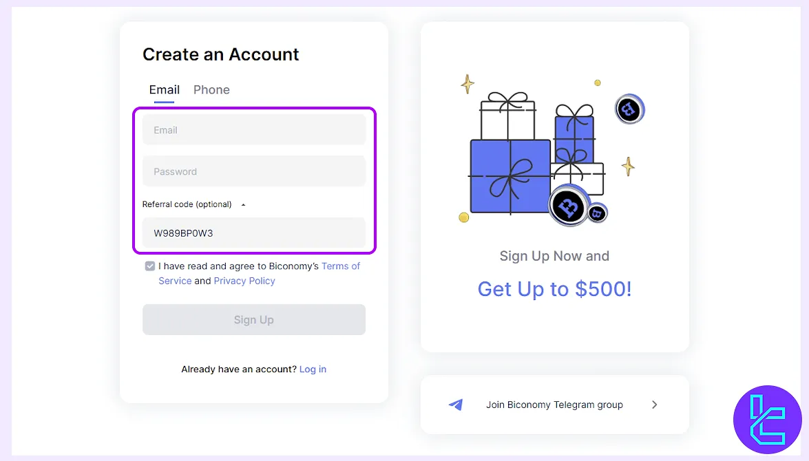 Biconomy sign-up form