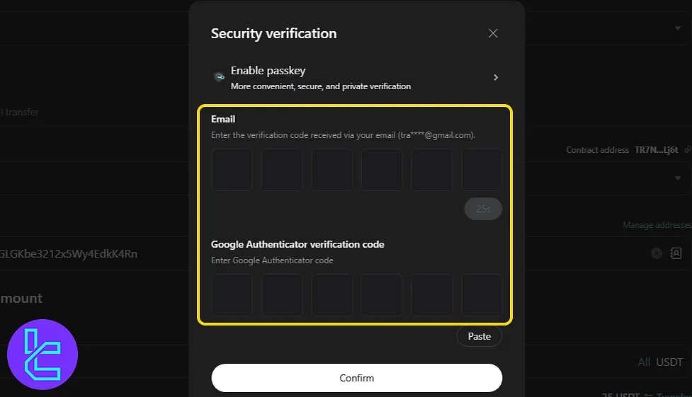 Enter verification code to proceed Bitget TRC20 payout