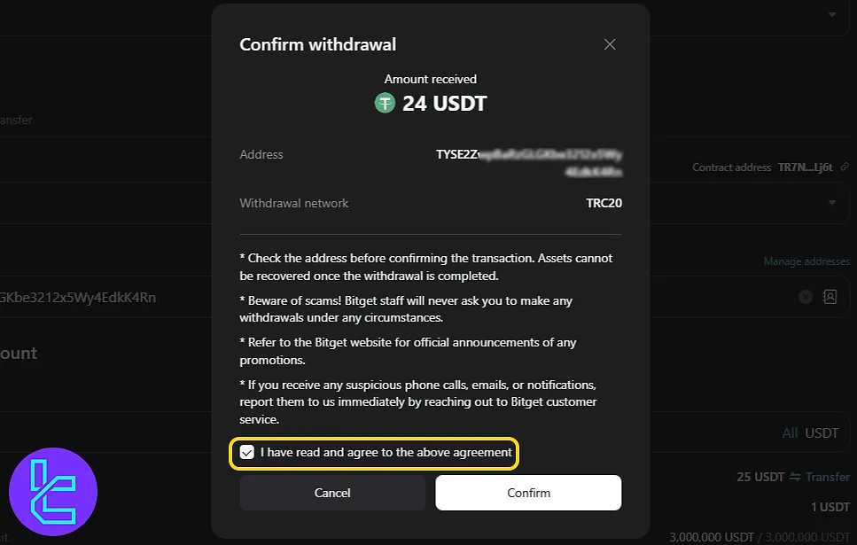 Confirm Bitget TRC20 cash out and agree to terms