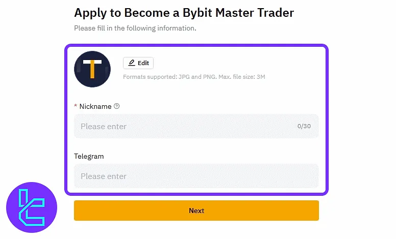 Bybit master trader application with nickname and contact in the social trading panel
