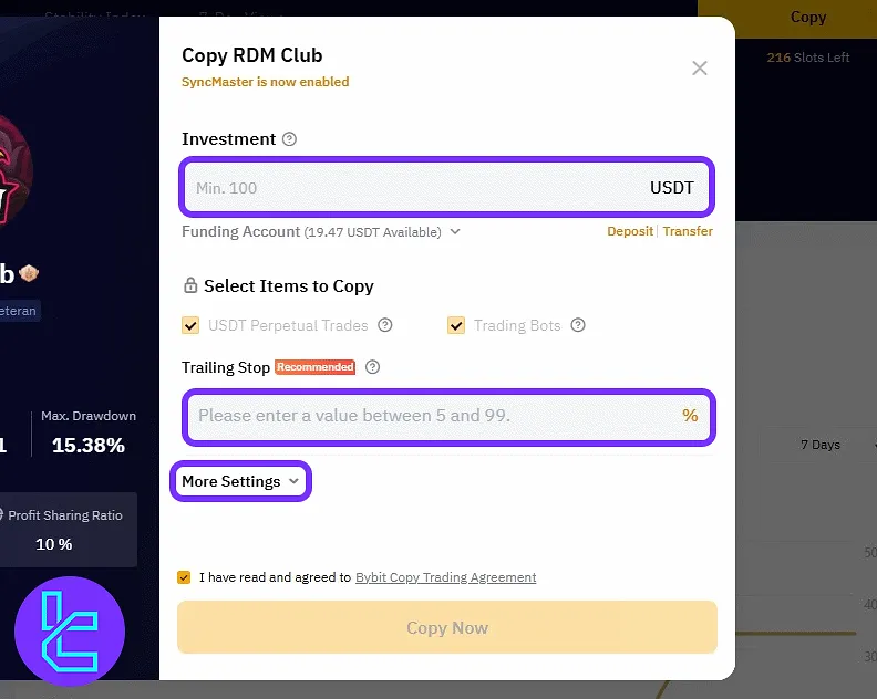 Bybit copy setup with investment and trailing stop