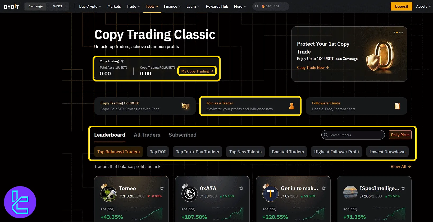 Bybit social trading dashboard with balance and access tools