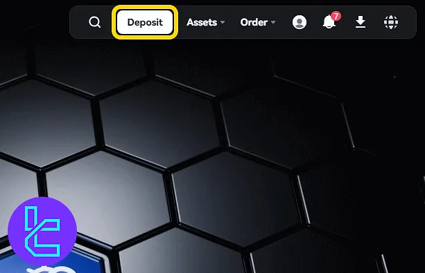 Toobit BTC funding starts by selecting deposit from the main menu