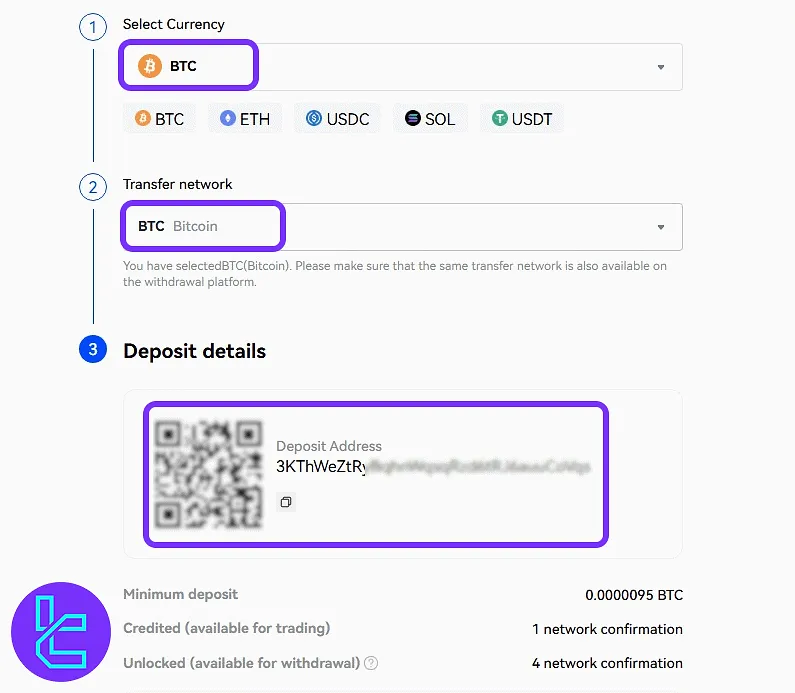 Toobit BTC funding wallet QR and address display