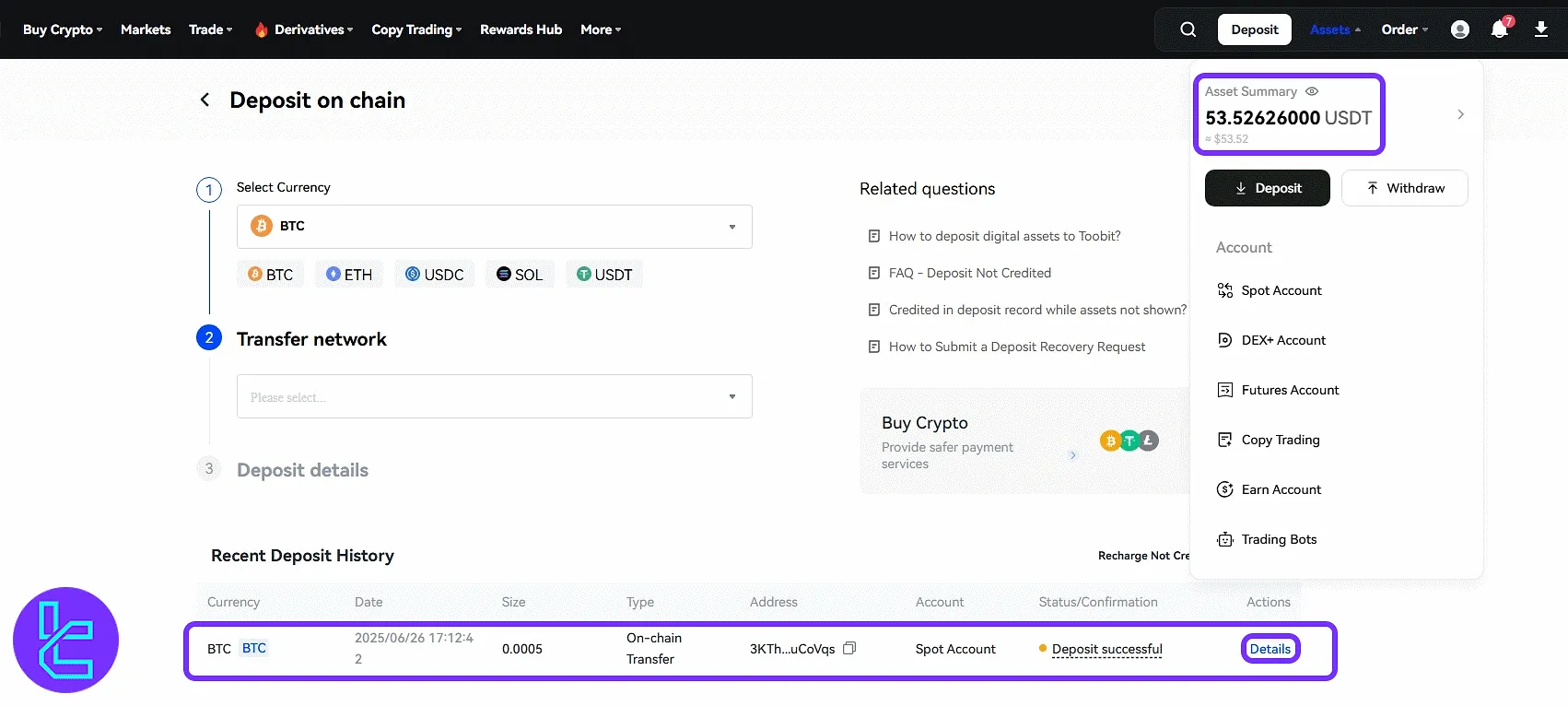 Toobit BTC funding transaction confirmation and wallet balance shown