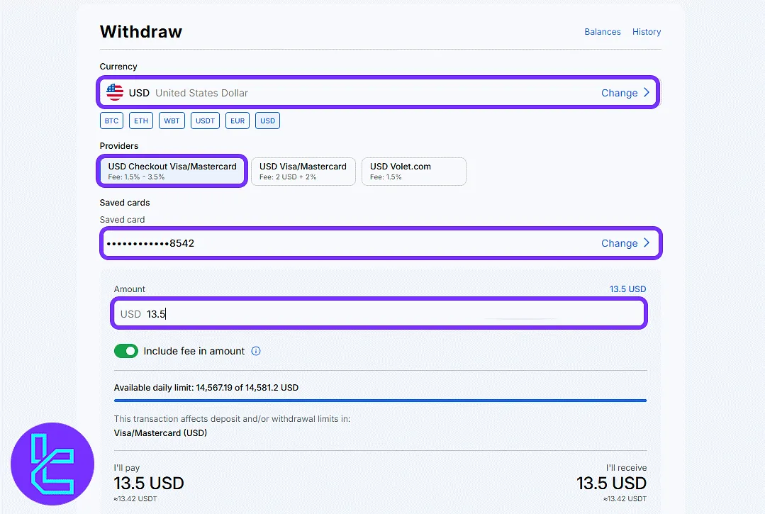 WhiteBIT form with the currency, card, and amount selection for Visa and Mastercard payout