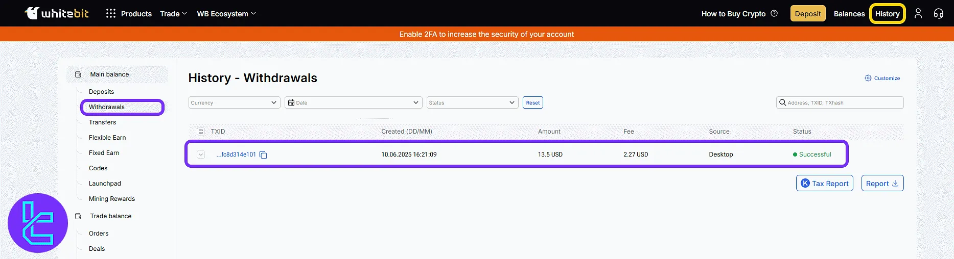 The history section with WhiteBIT Visa/Mastercard payout records