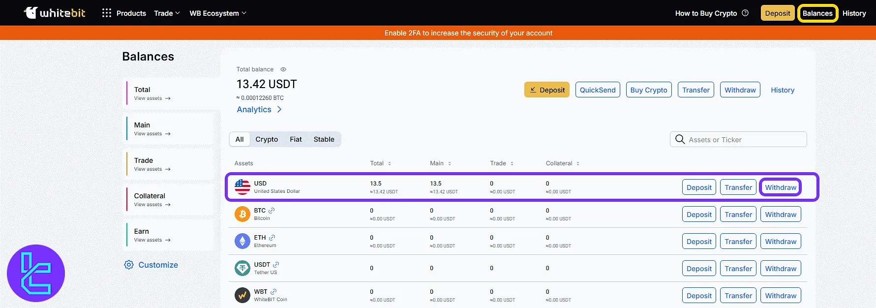 WhiteBIT dashboard with Balances and Withdraw highlighted for the payout process