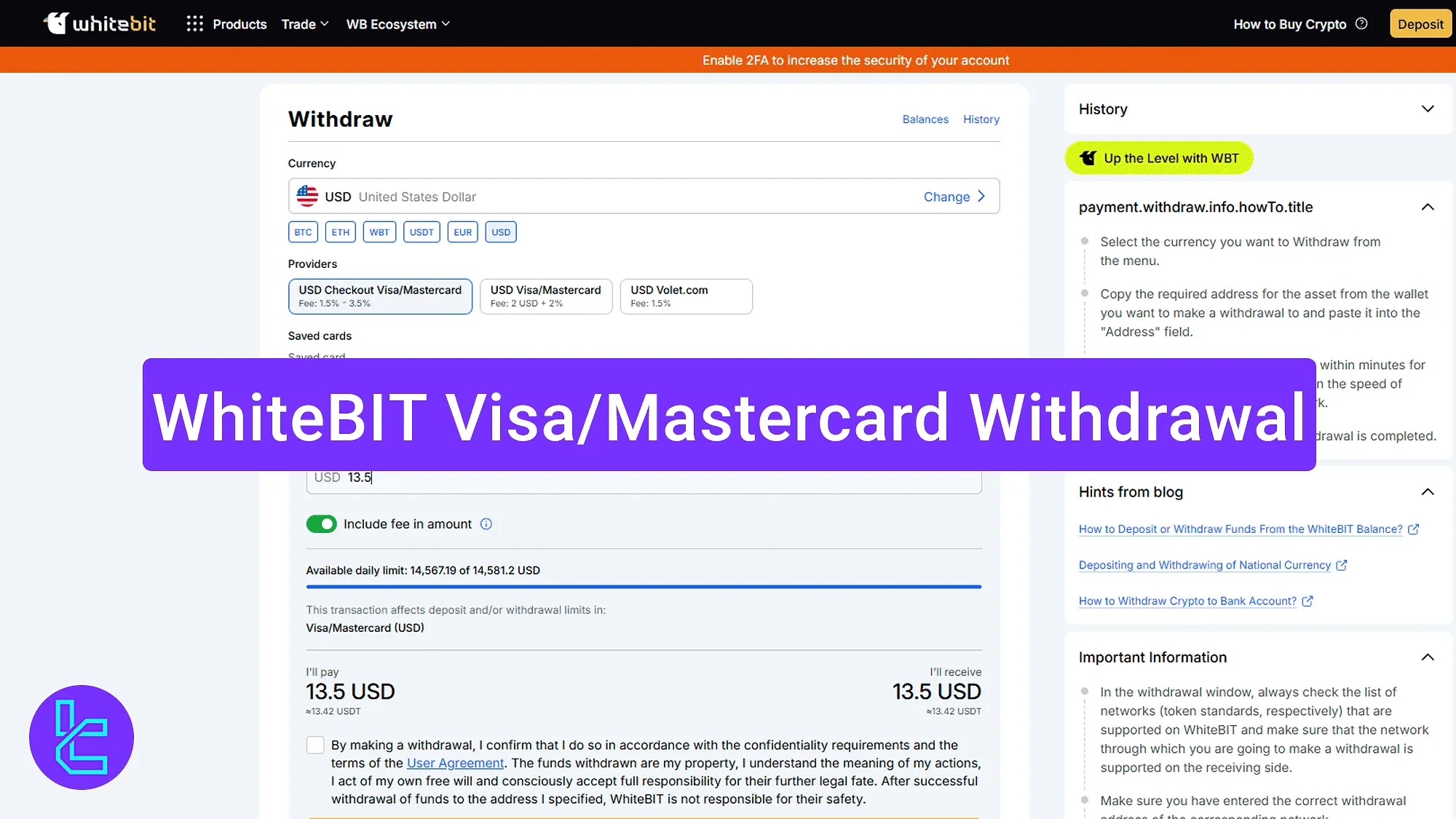 WhiteBIT Visa/MasterCard Withdrawal 2025 [Minimum Amount $10]