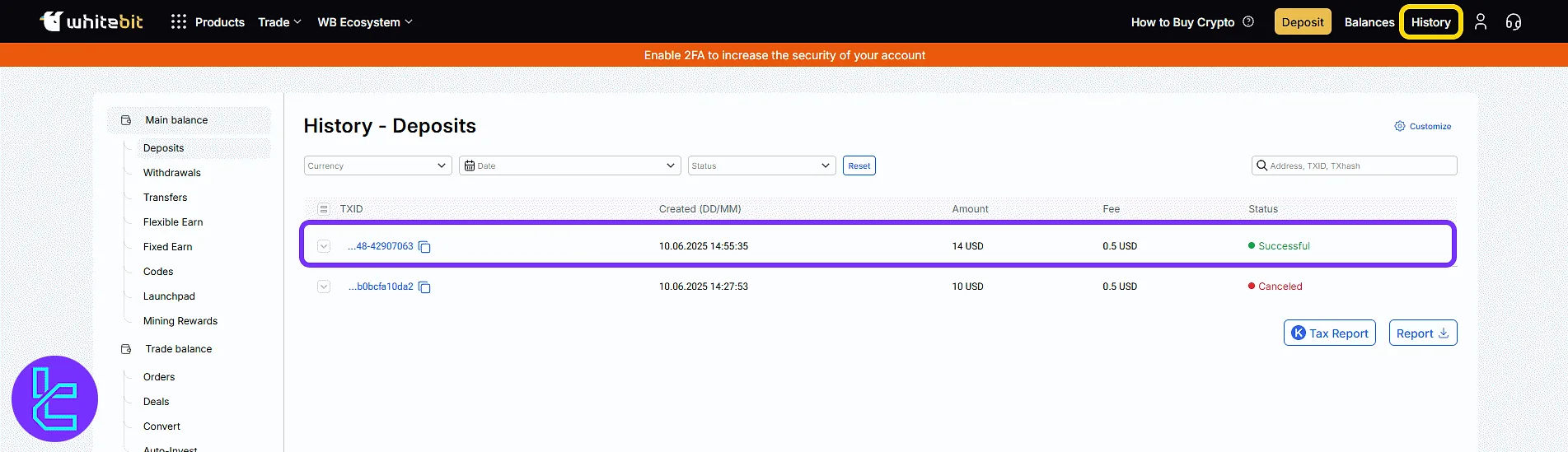 WhiteBIT Visa/Mastercard funding transaction history section