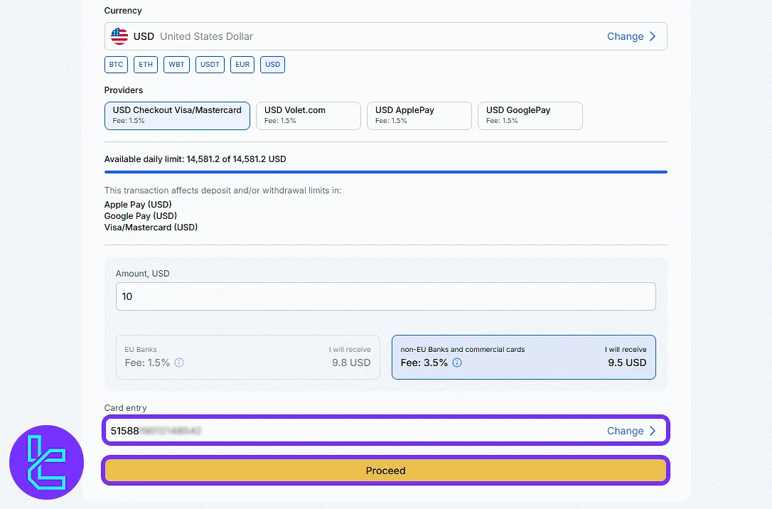 WhiteBIT credit/debit card entry interface to proceed with the funding process