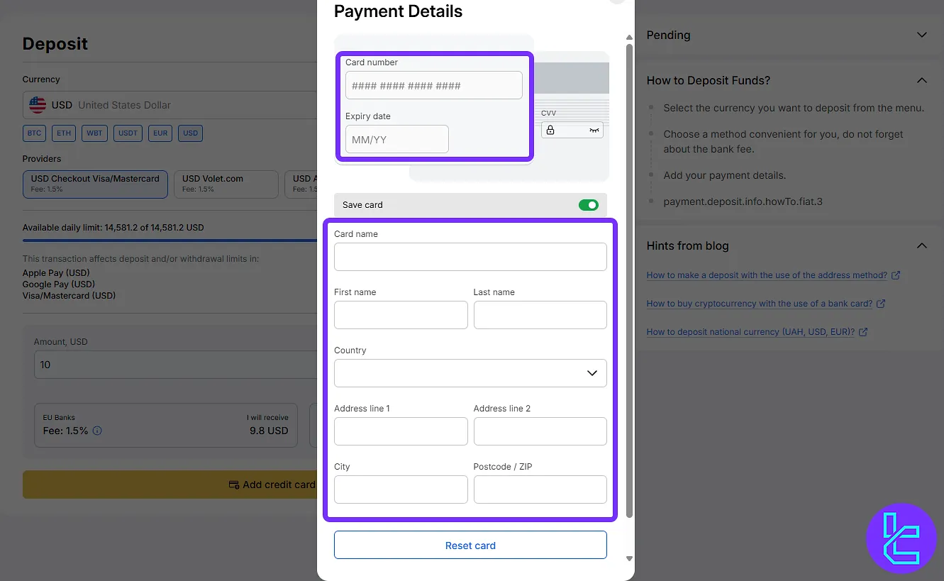 WhiteBIT Visa/Mastercard cardholder information entry form