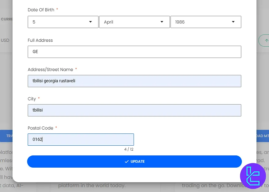 CMTrading sign-up personal information form