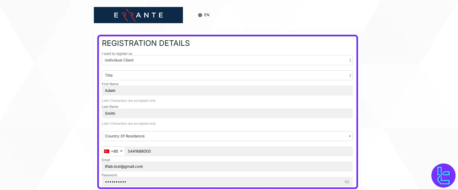 Errante Registration Form