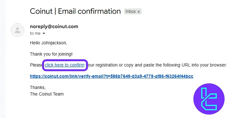 Confirmation email from Coinut with a link to activate the account