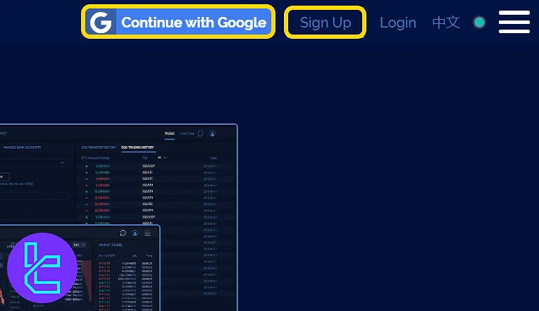 Coinut homepage top section with Google login and account creation buttons