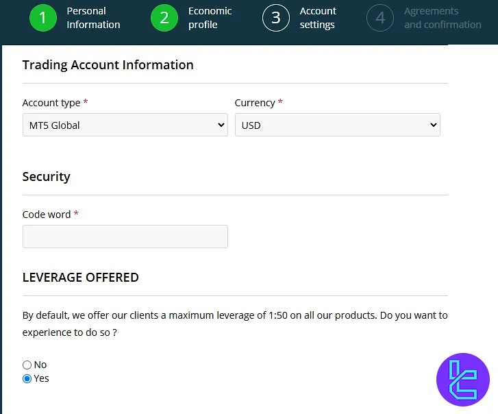 Just2Trade account registration form