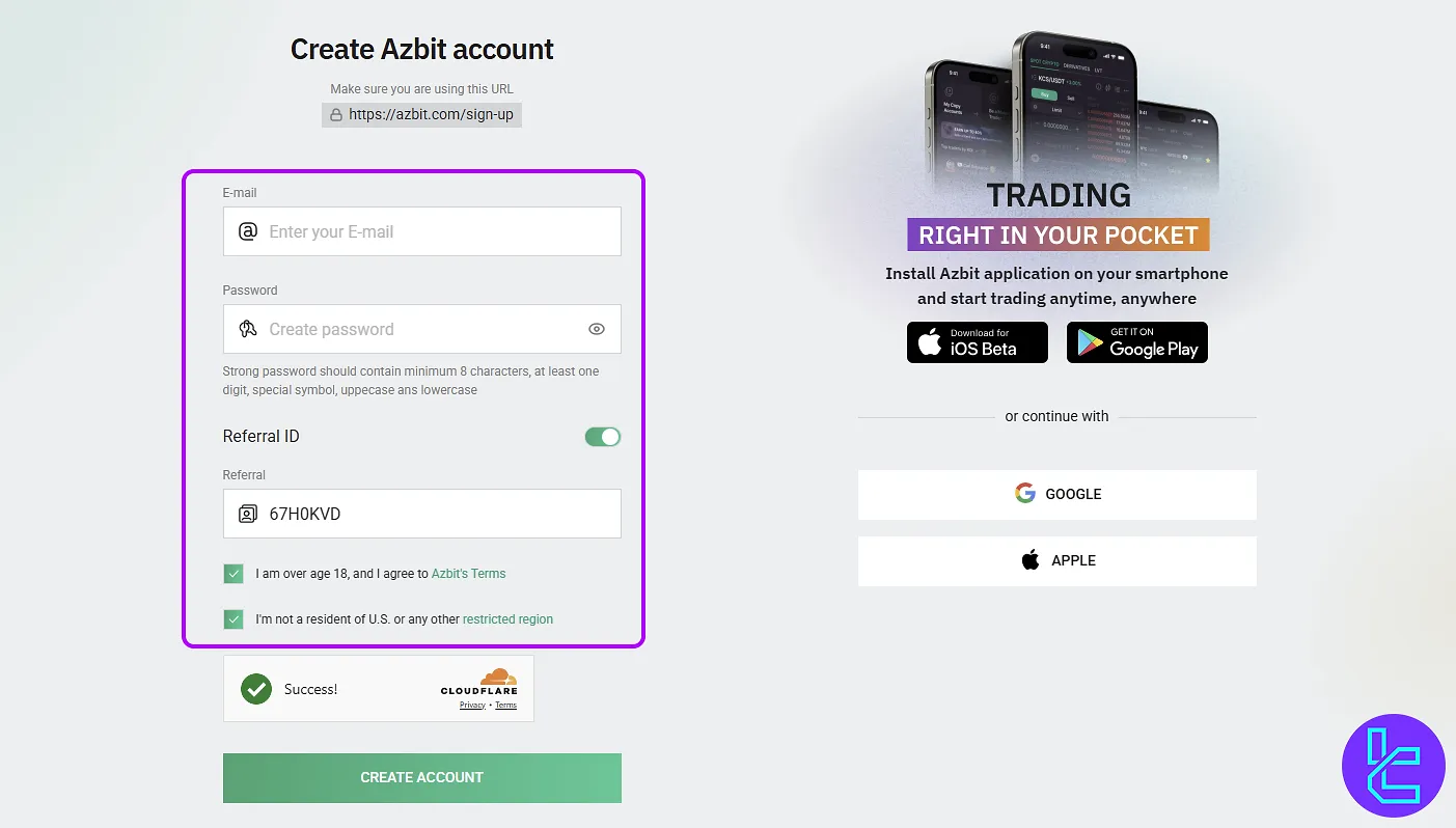 Azbit signup form