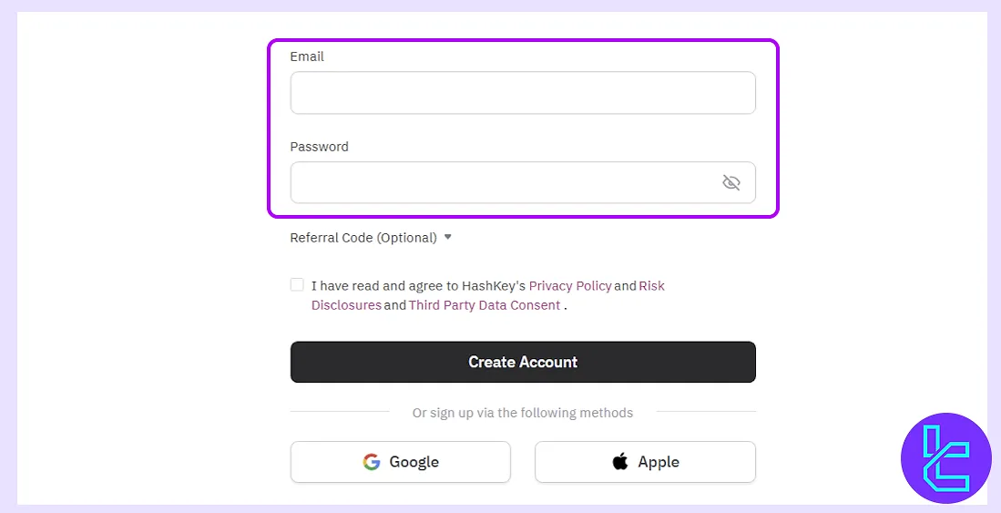 Email and password account setup for HashKey signup