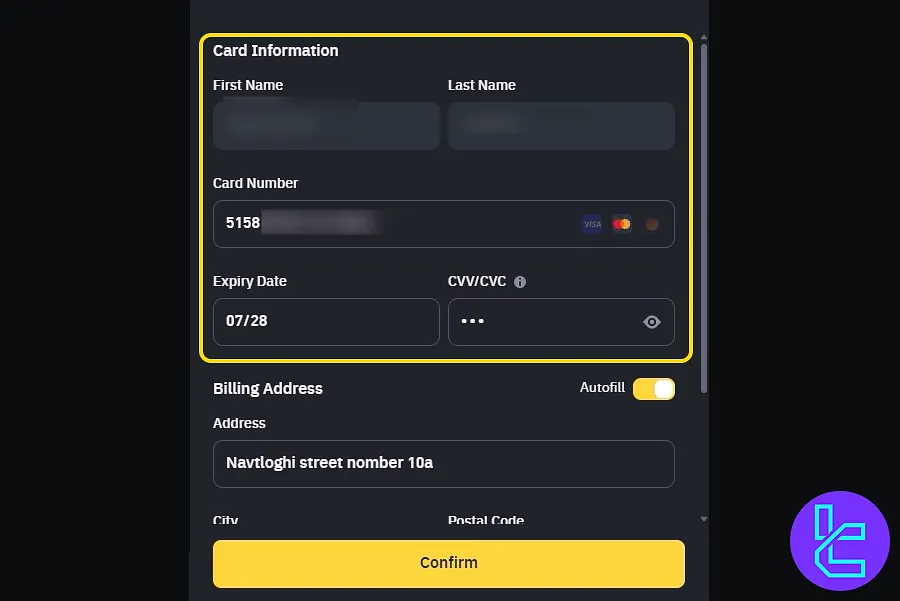 Card information entry screen on Binance visa top-up