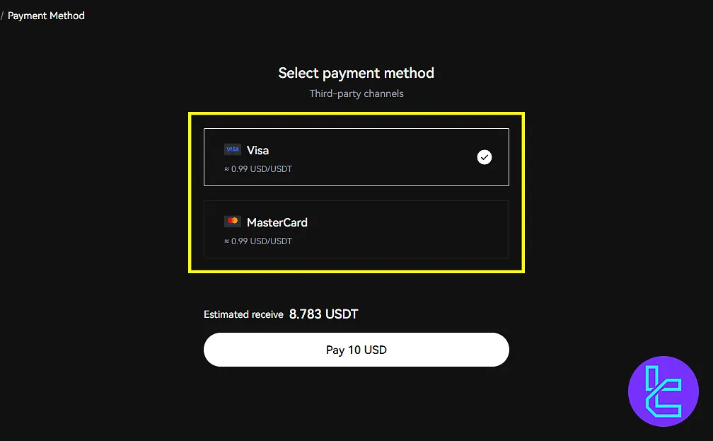 LBank Visa & MasterCard payment method selection
