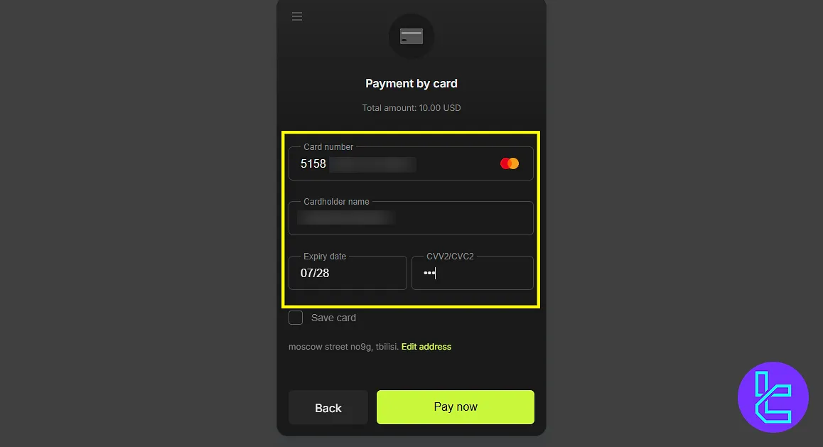 LBank Visa/Mastercard deposit card final input