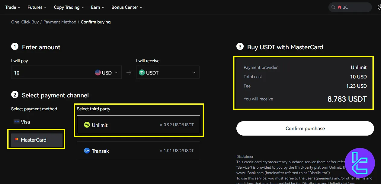LBank payment channel through Visa/Mastercard deposit