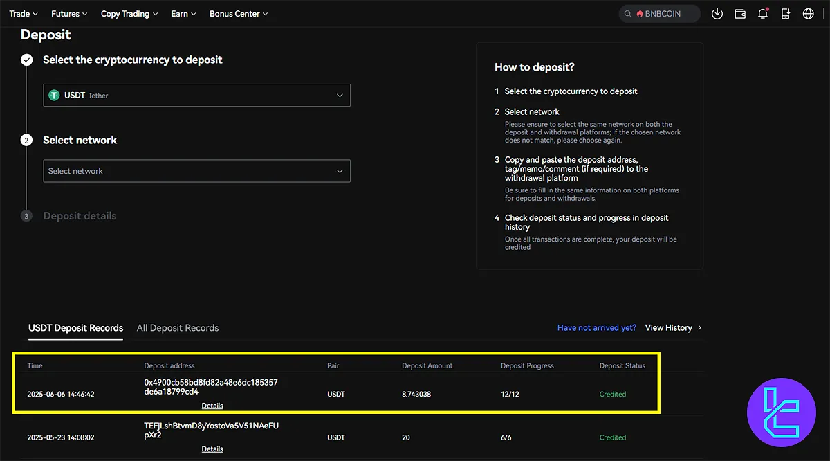 LBank Visa & Mastercard deposit success confirmation
