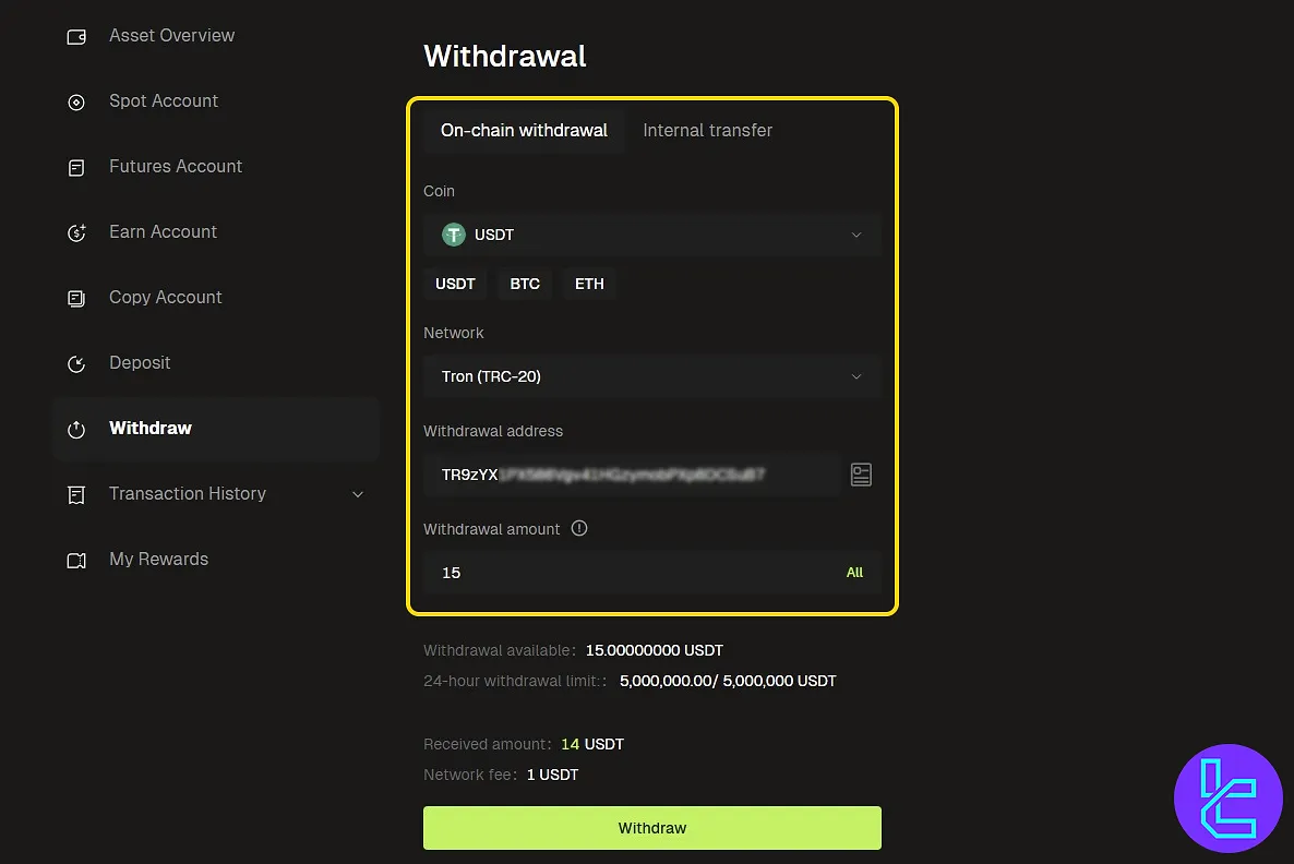 Wallet dashboard where Bitunix TRC20 cash out begins
